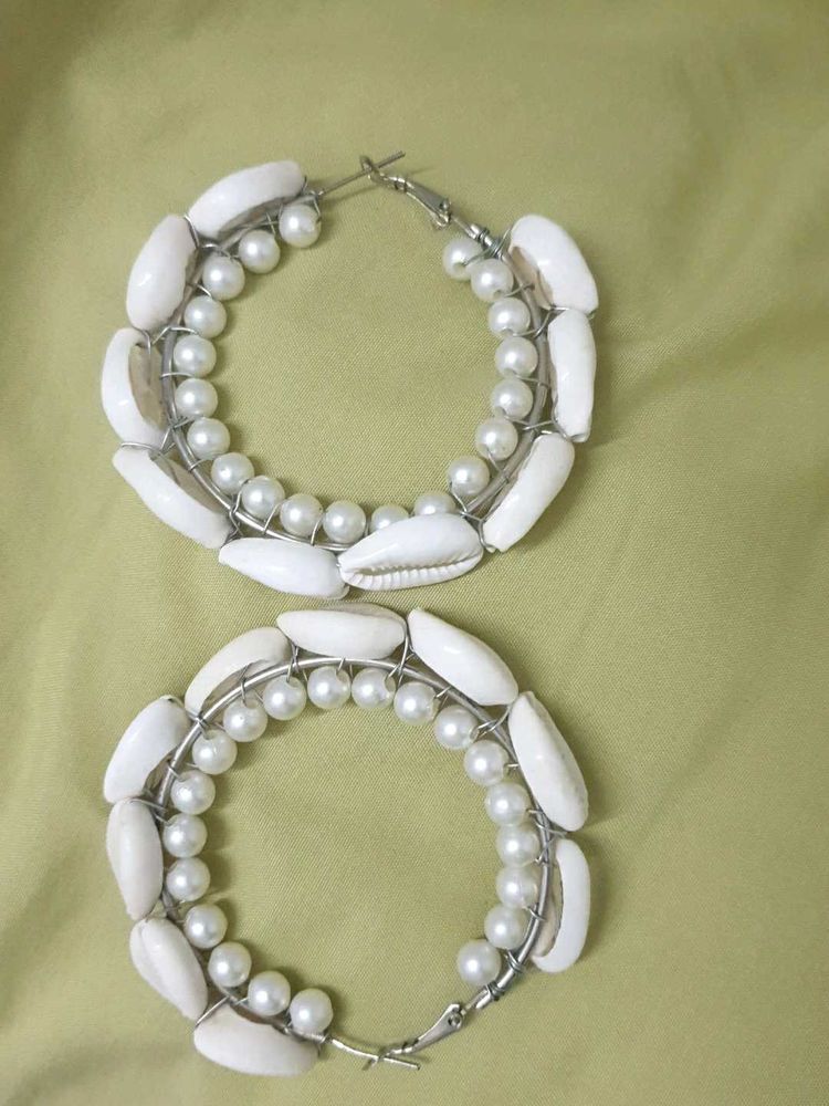 Cowrie Shell &amp; Pearl Hoop Earrings
