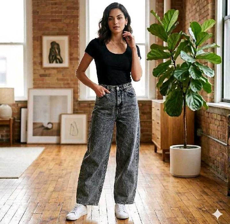 Stylish Wide Leg Acid Wash Jeans