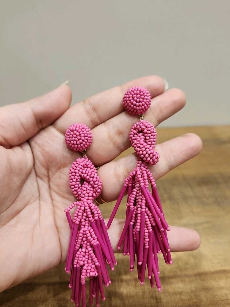 Pink Beaded Tassel Statement Earrings