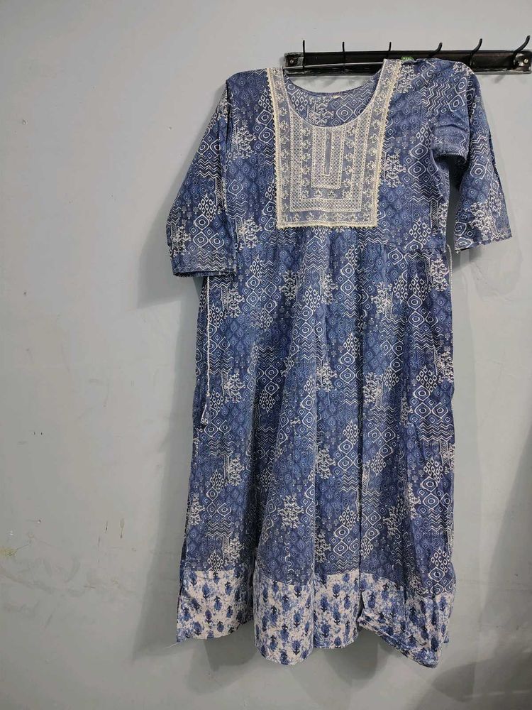 Blue Printed anarkali cotton frock kurta