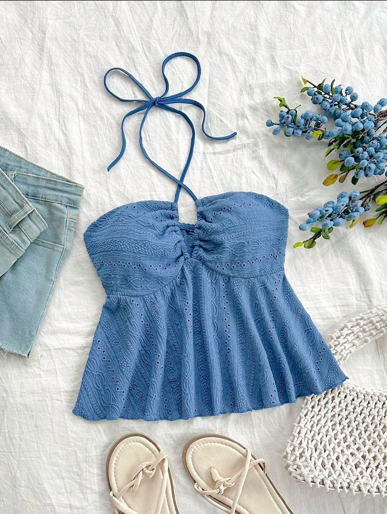 Blue Halter Neck Schiffli Top