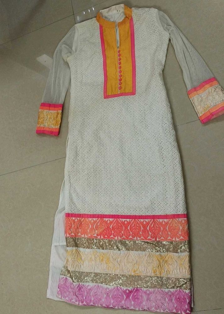 Elegant White Kurta with Colorful Border
