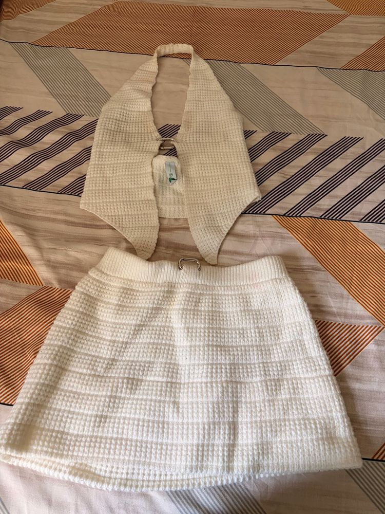 White Waffle Knit Crop Top &amp; Skirt Set