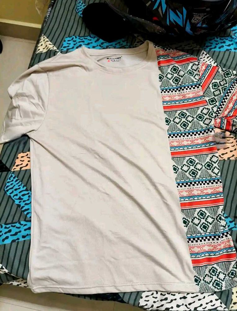 Plain T-shirt with Patterned Sleeves
