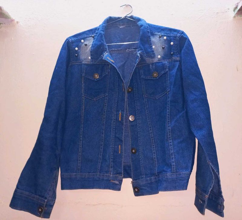 Denim Jacket with Pearl Embellishments