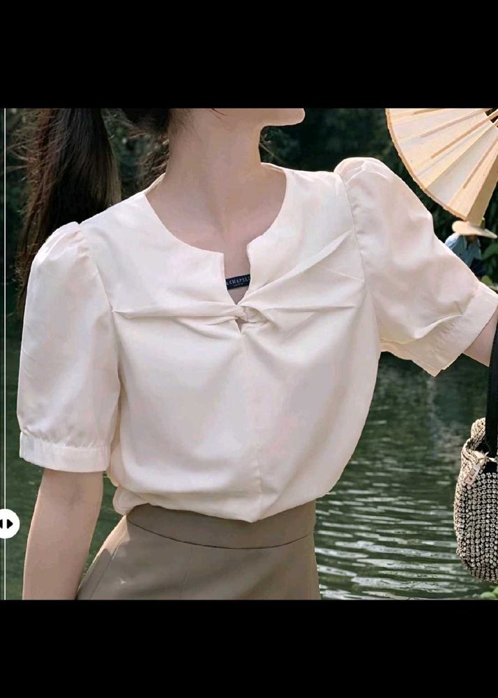 Chic Cream Puff Sleeve Bow Top