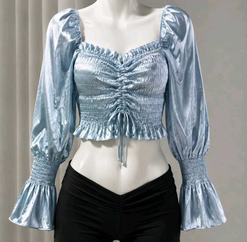 Satin Ruched Bell Sleeve Crop Top