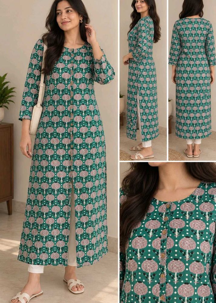Green Printed Front Button Cotton Kurta