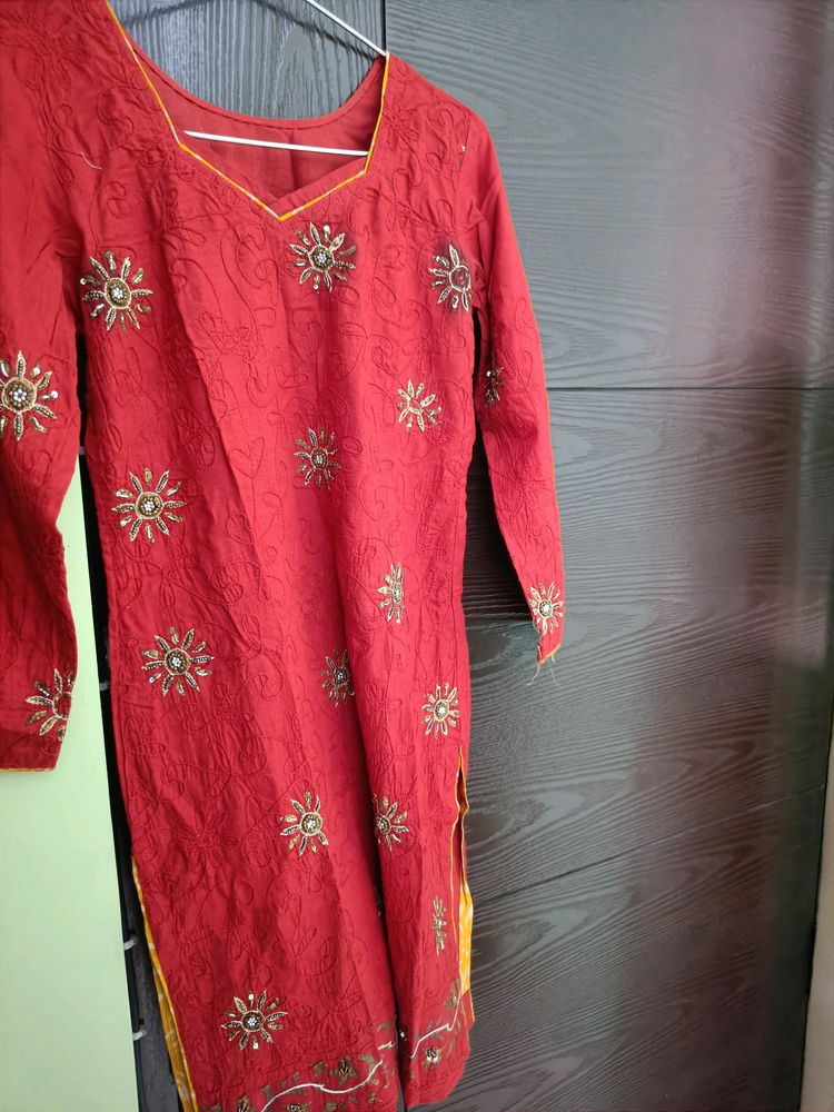 Red Self Embroidered Kurta