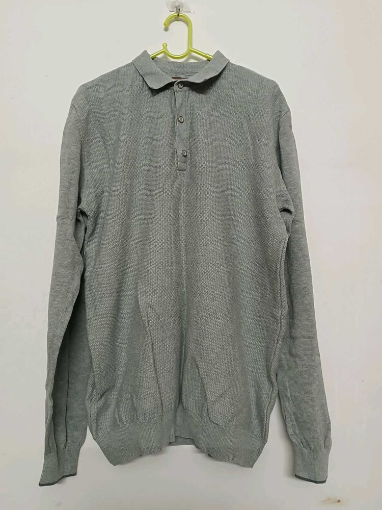 Men's Grey Long Sleeve Polo Sweater