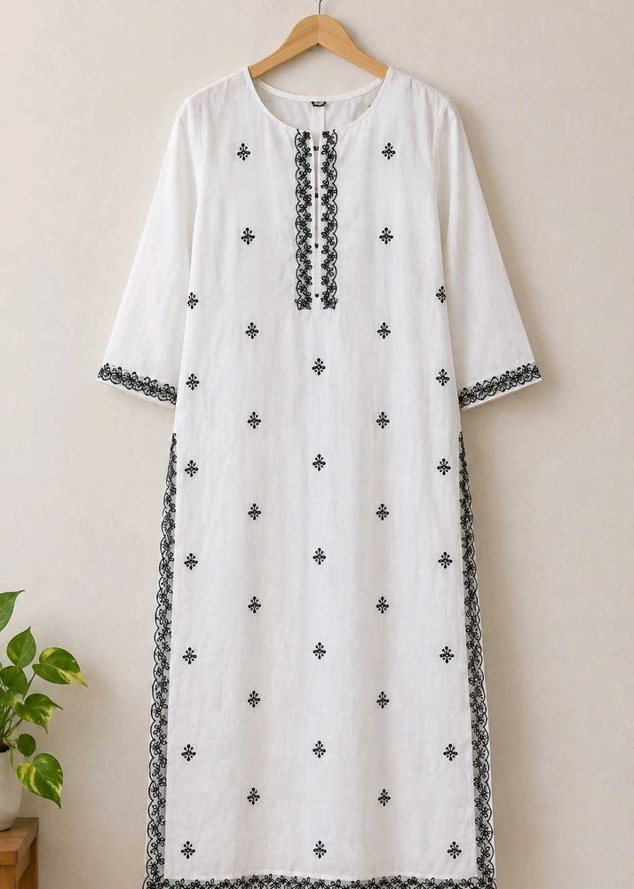 White Cotton Kurta with Black Embroidery