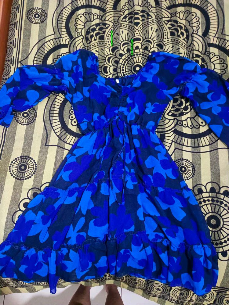 Blue Floral Tiered Midi Dress