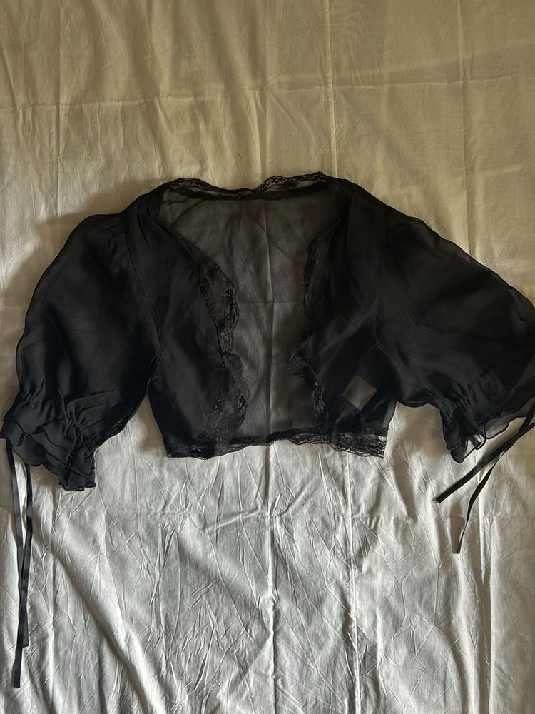 Sheer Black Lace Trim Crop Top