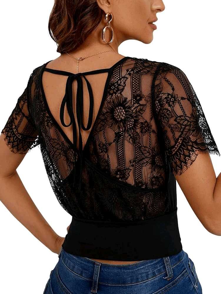 76209. Black Lace Back Tie Top
