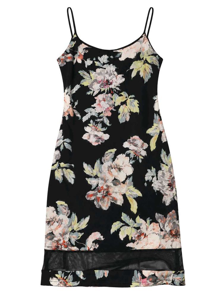 Vintage Black Floral Slip Dress with Mesh Trim