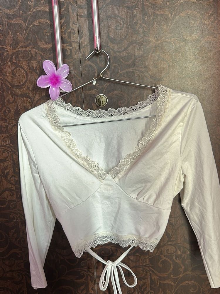 White Lace Trim Cropped Wrap Top