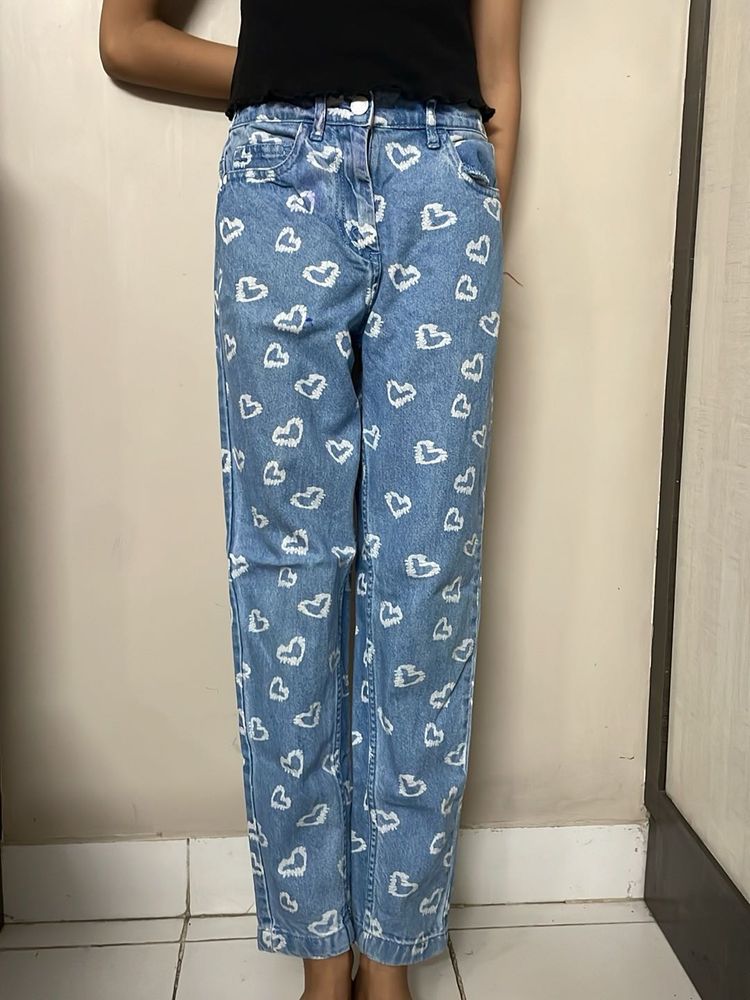 Heart Print Denim Jeans