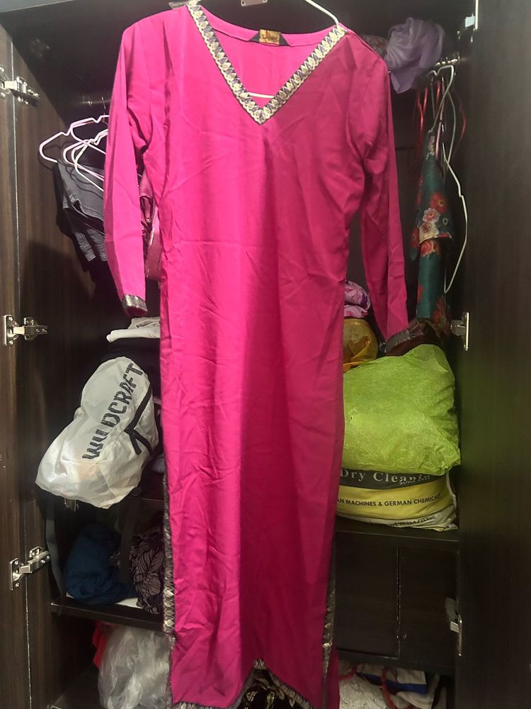 Vibrant Pink Kurta Set with Embellished Neckline
