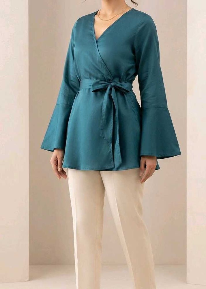 Teal Wrap Top with Bell Sleeves