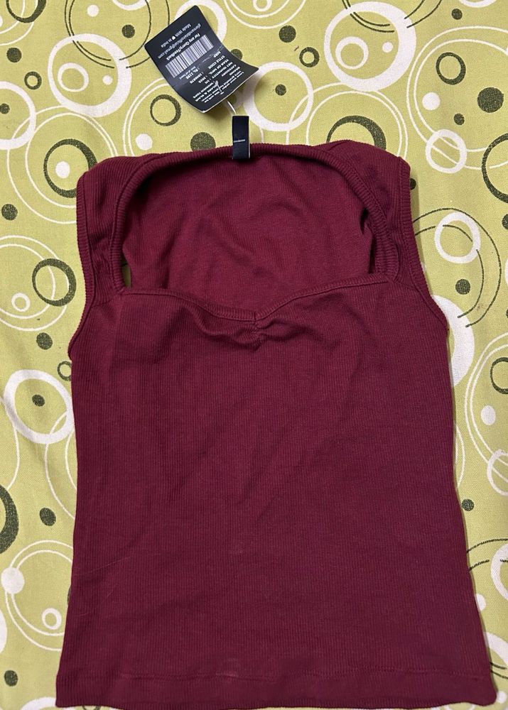 Ribbed Maroon Square Neck Tank Top
