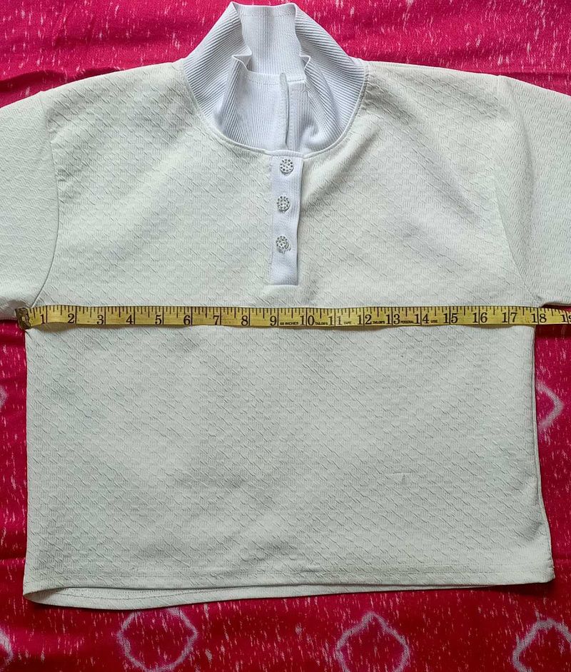 White Textured Polo Neck Top