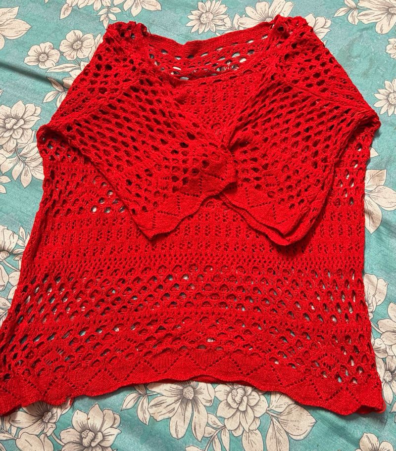 Red Crochet Knit Sweater Top