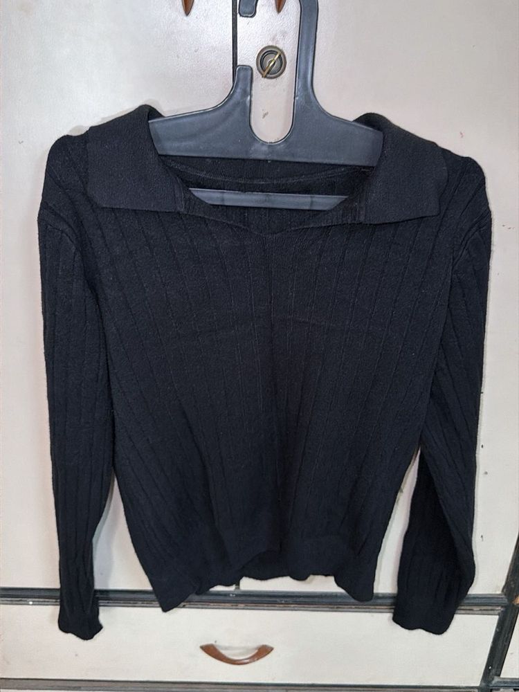 Black Ribbed Knit Collared Sweater