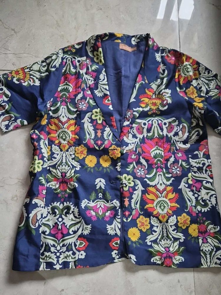 Vibrant Floral Print Silk Blend Blazer