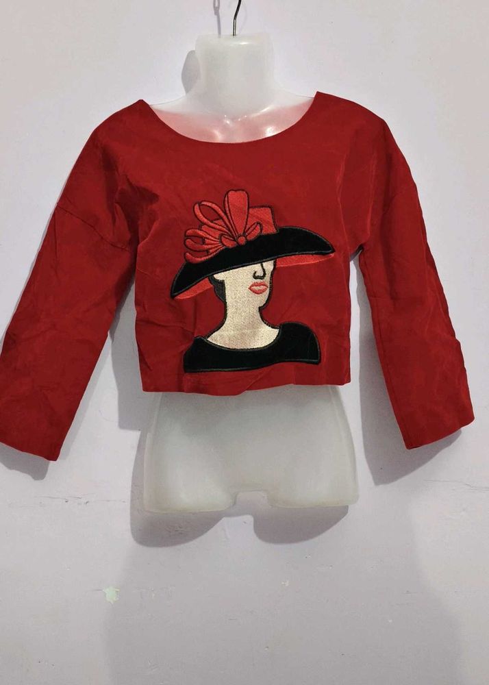 Chic Red Blouse with Elegant Lady Applique