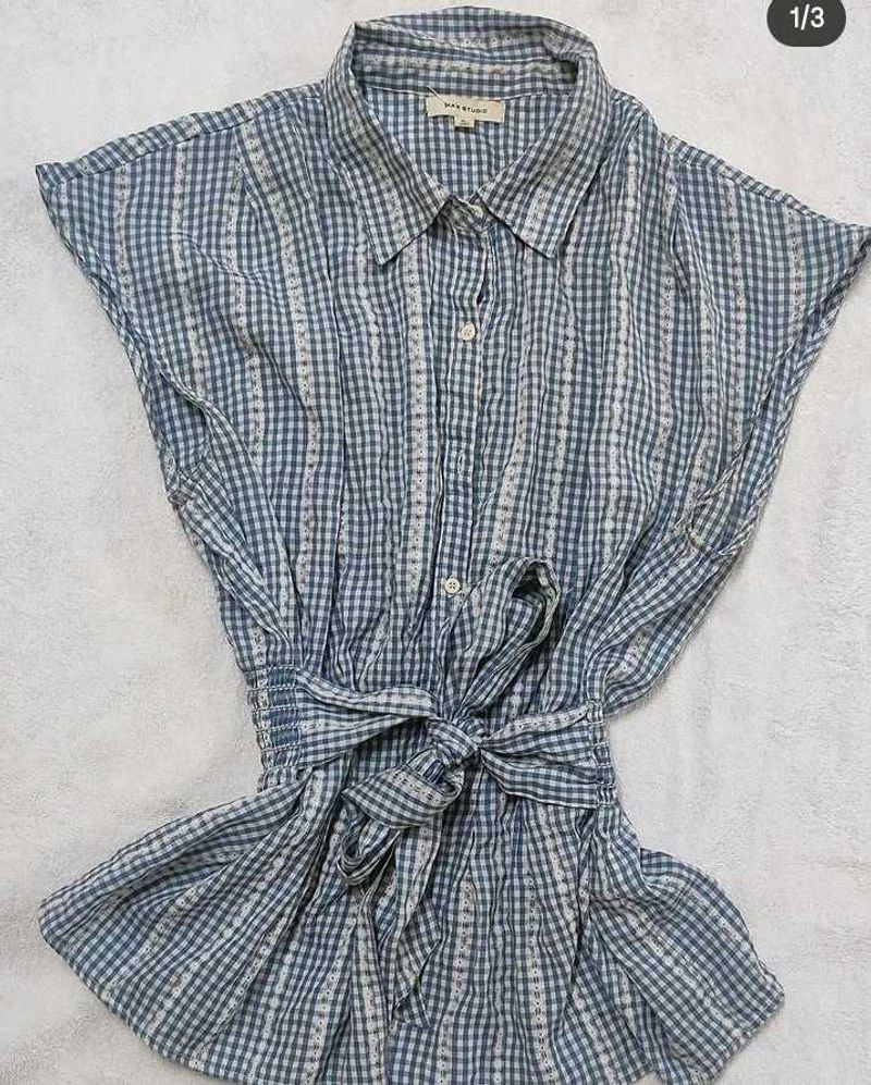 Blue Gingham Tie-Waist Tunic Top