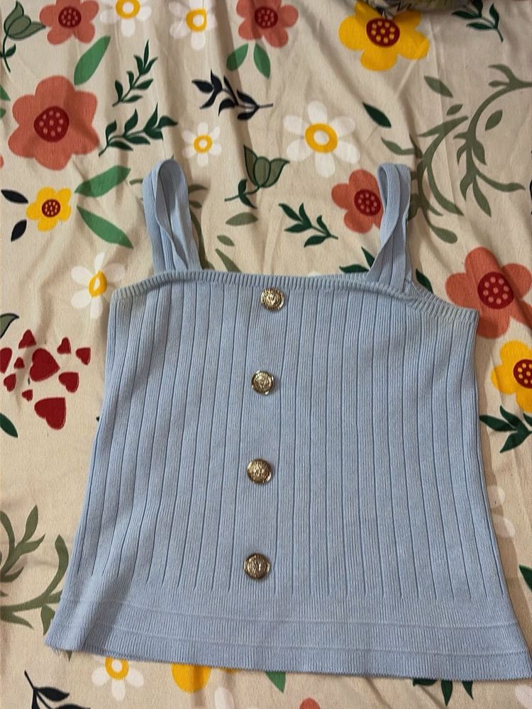 Light Blue Ribbed Button-Up Tank Top