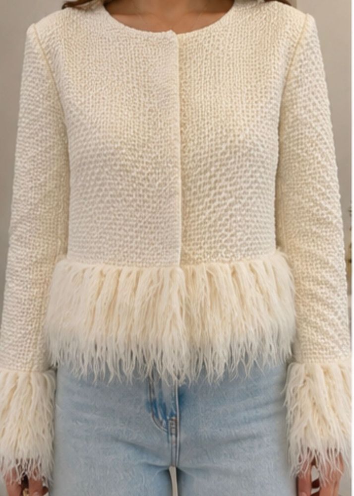 Cream Textured Jacket with Faux Fur Trim