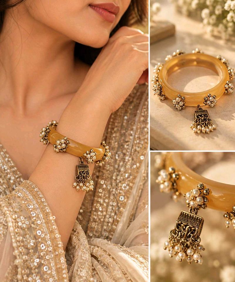 Elegant Pearl &amp; Gold Tone Bangle Bracelet