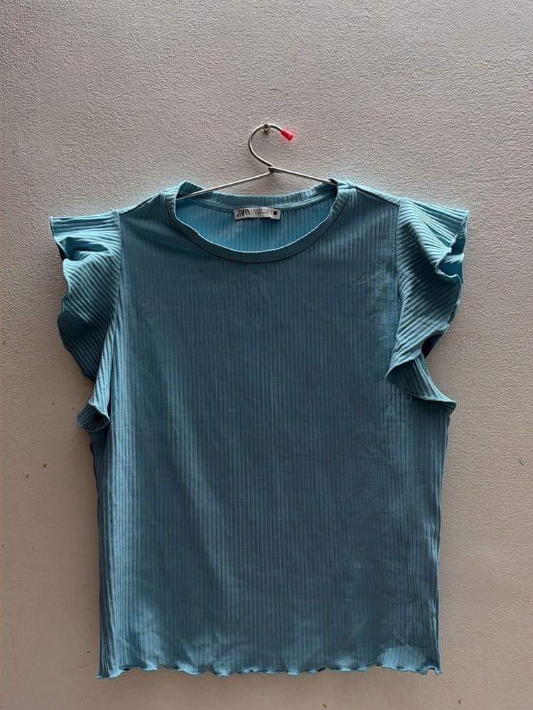 Zara Blue Ribbed Ruffle Sleeve Top