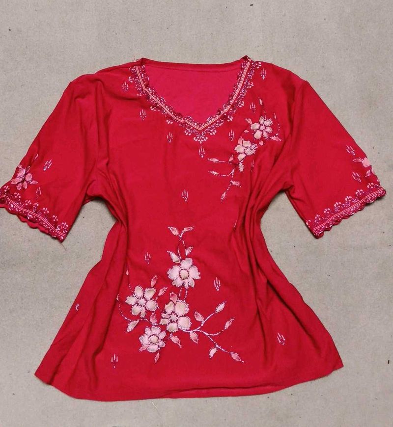 Red Floral Embroidered tshirt