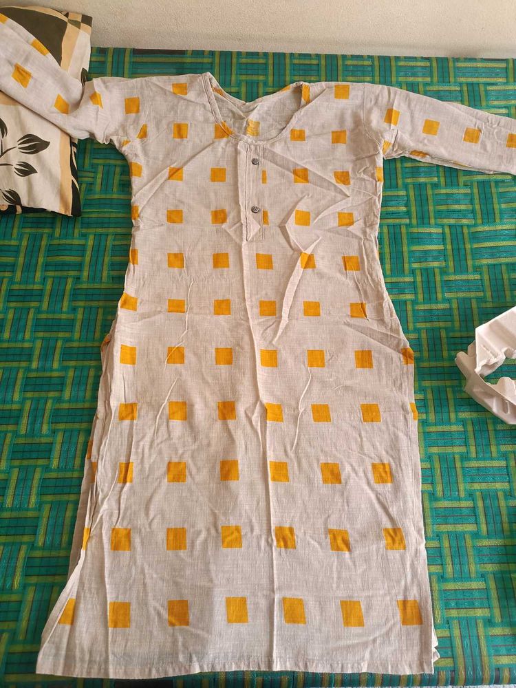 White Kurta with Yellow Squares