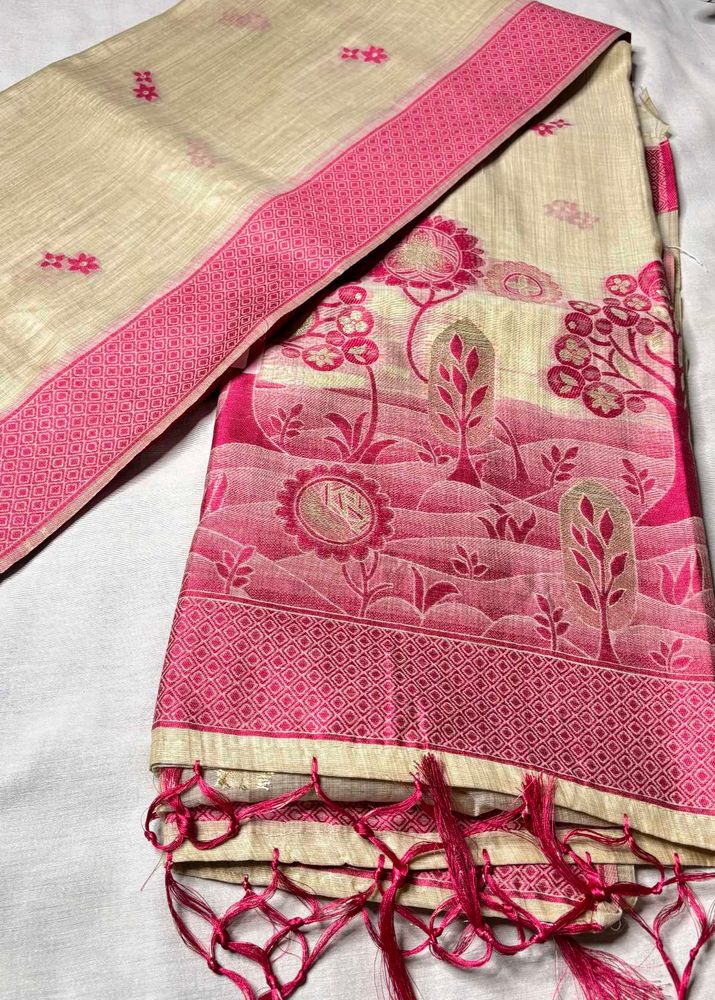Elegant Cream &amp; Pink Tussar Saree