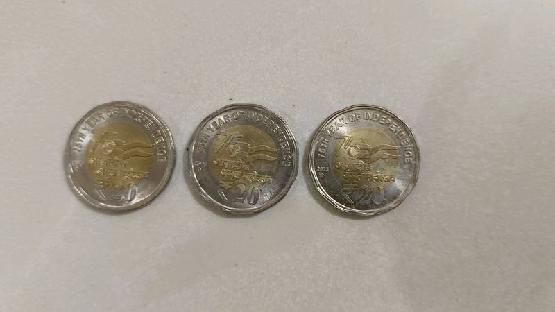 Three Pieces 20 Rupees Coins 75 Years Independence