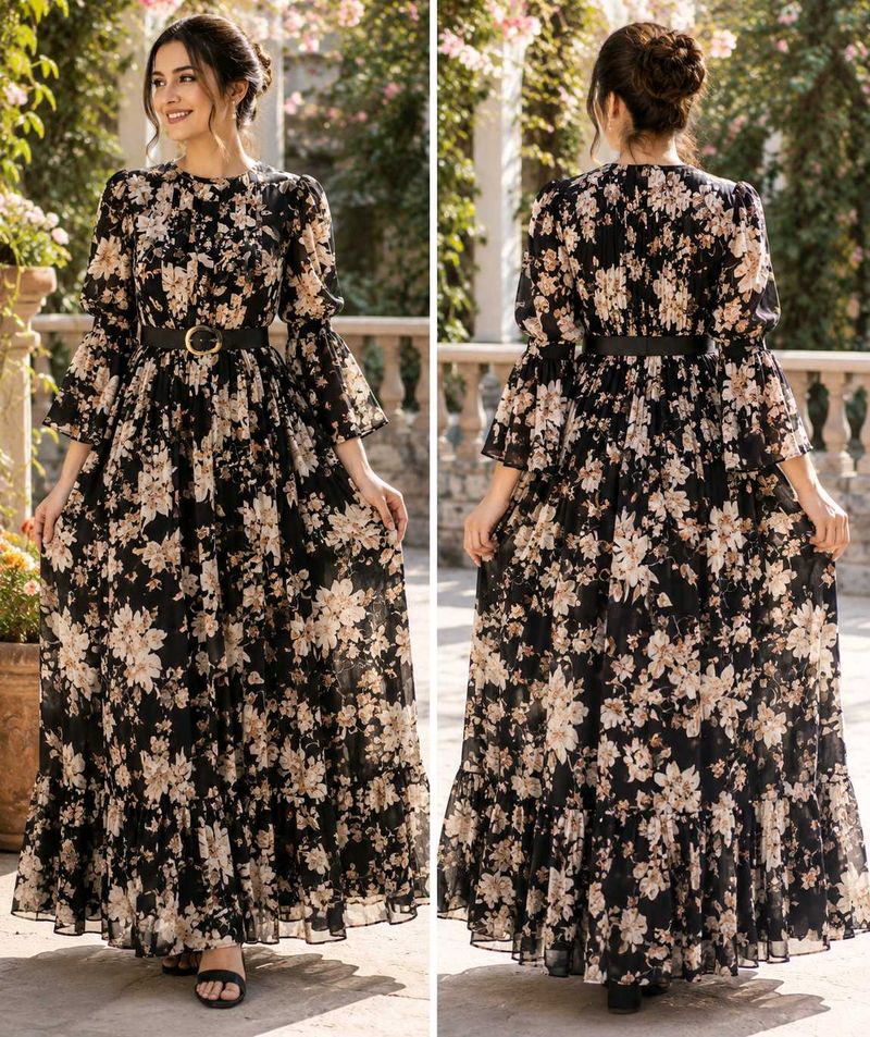 Elegant Floral Maxi Dress with Belt