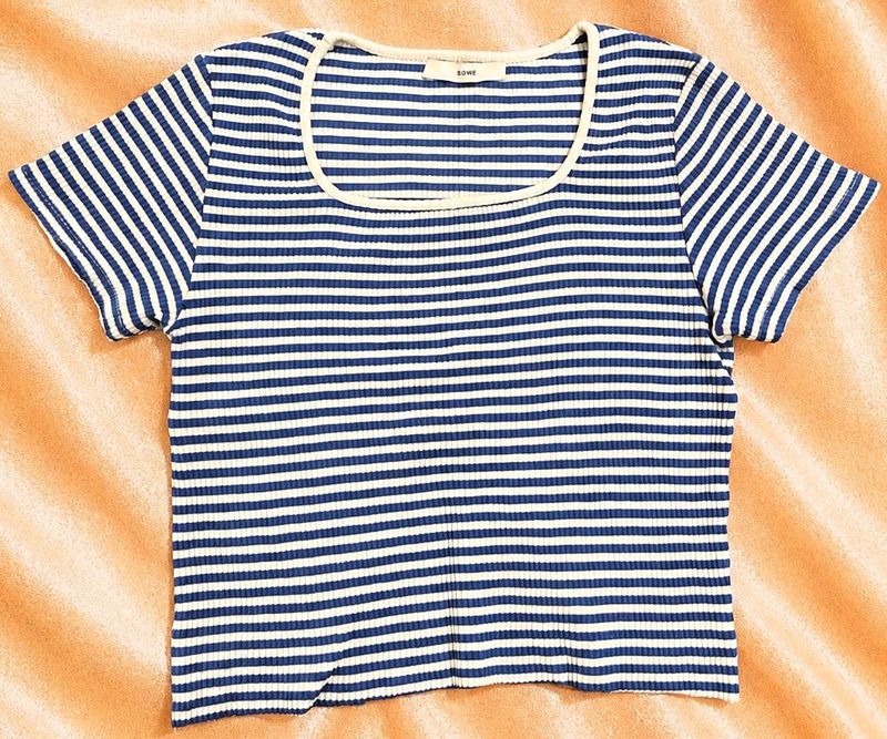 blue white striped crop top