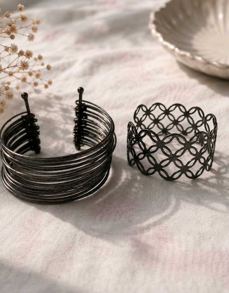 Stylish Black Metal Cuff Bracelets Set