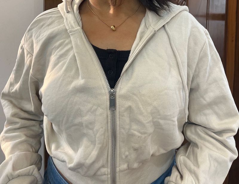 Cream Cropped Zip-Up Hoodie
