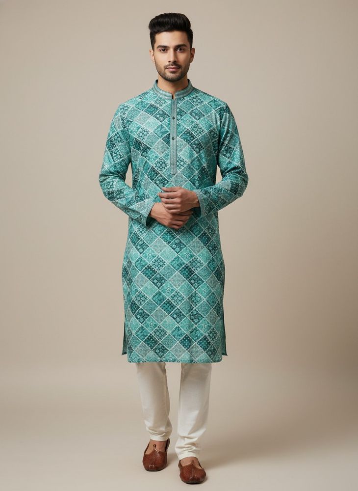Men's Teal Geometric Print Kurta