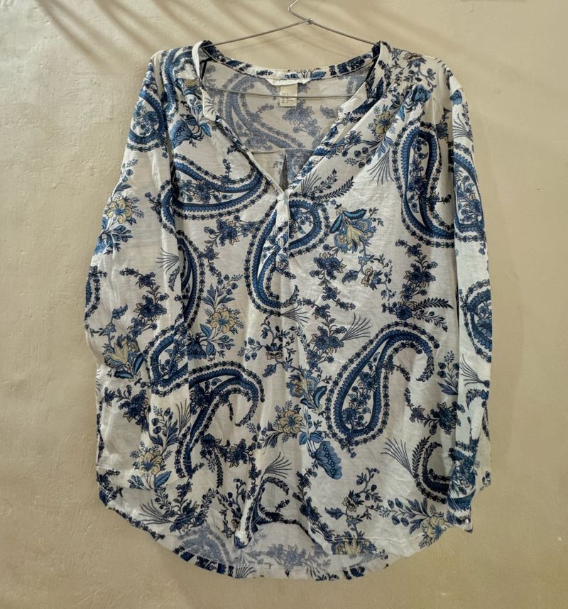 Blue Paisley Print Long Sleeve Top