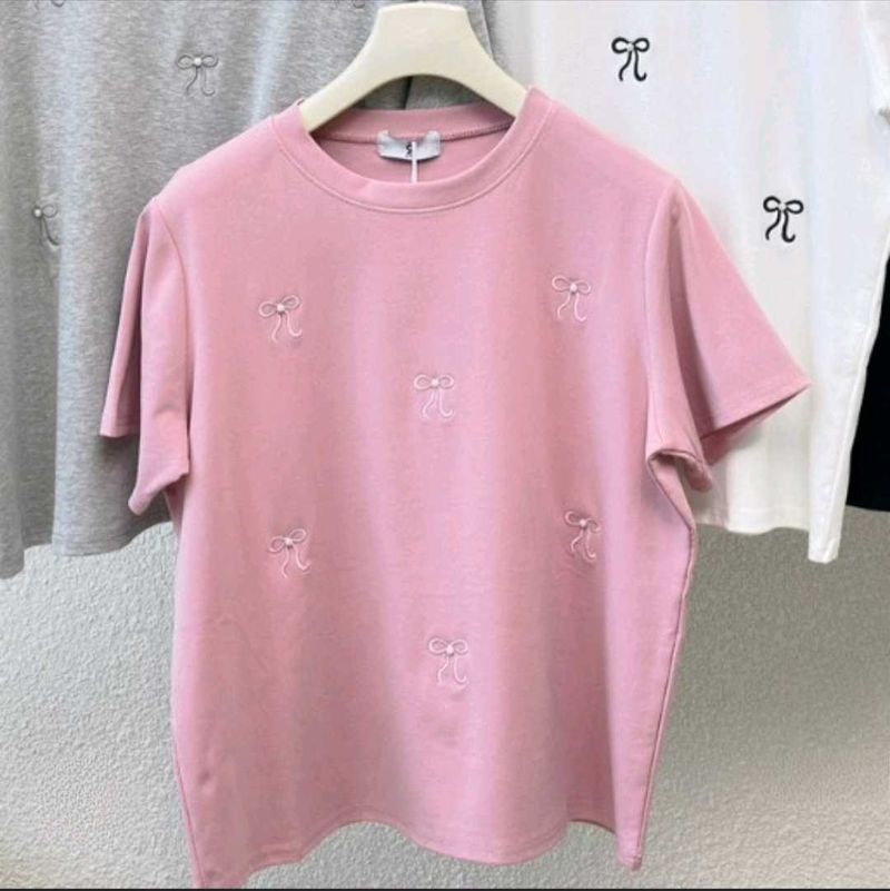 Cute Bow Embroidered Pink T-Shirt