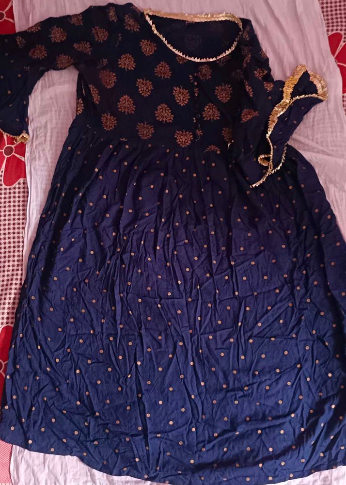 Navy Blue Printed Naira  with Gold Accents