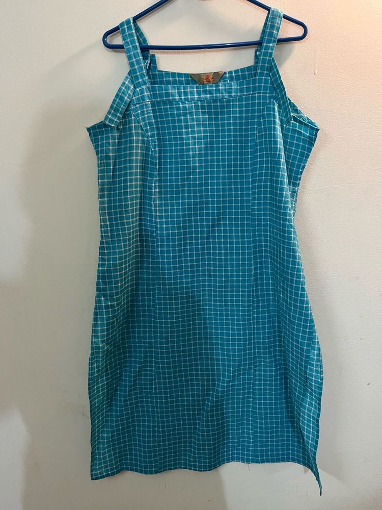 Teal Blue Checked Cotton Kurta