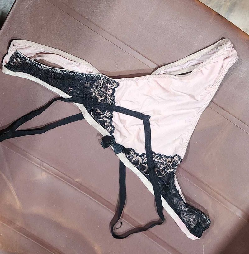 Pink Lace Thong with Black Trim
