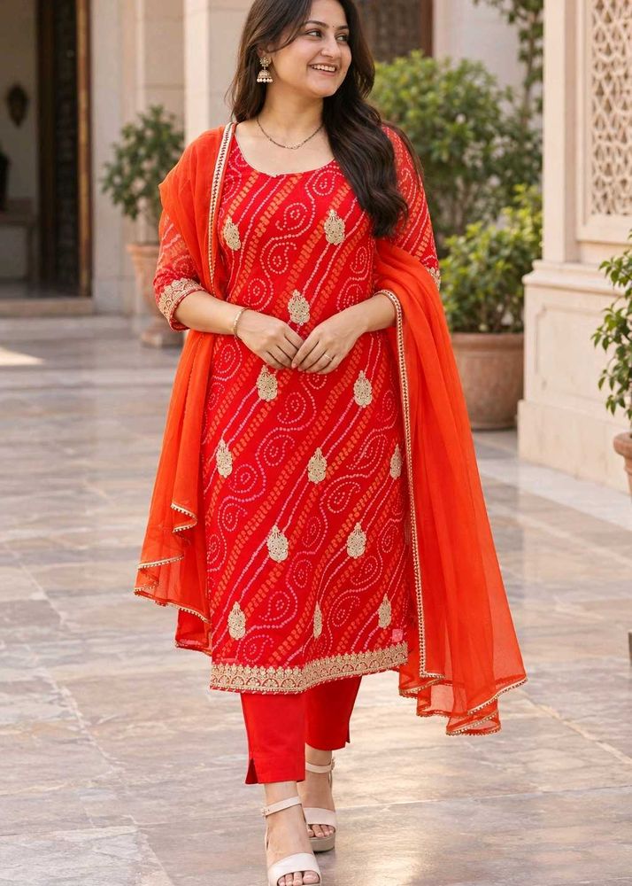 Red Bandhani Pure Georgette Booti Suit Set