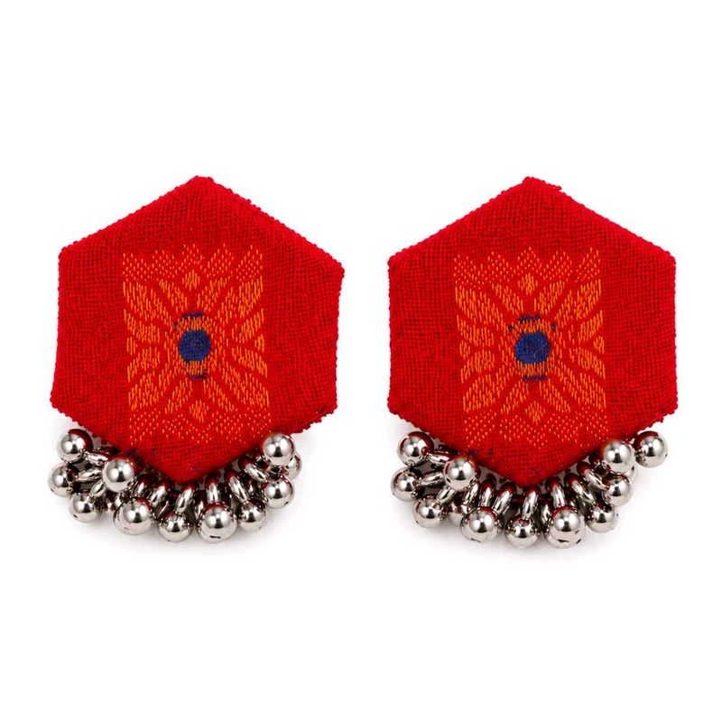 Red Hexagonal Earrings with Silver Beads